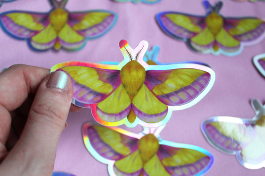 Rosy Maple Moth Holographic Vinyl Sticker